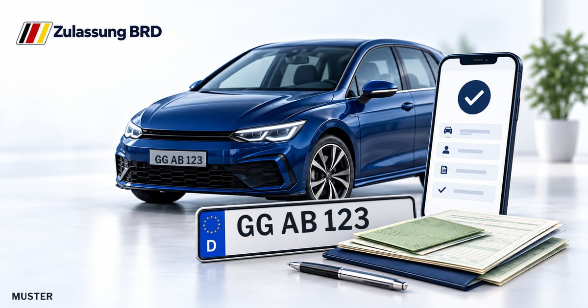 Online Fahrzeugzulassung in Gernsheim: Musterkennzeichen GG AB 123, Auto und Fahrzeugpapiere und Smartphone. Illustration mit Logo von Zulassung BRD.